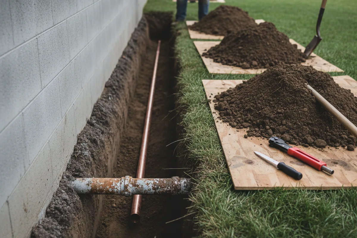Excavated water line trench during Sewer Line Repair in Lytle